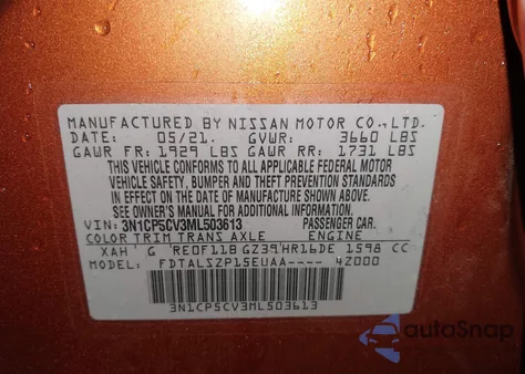 2021 Nissan Kicks Sv Xtronic Cvt z USA, uszkodzony, nr VIN 3N1CP5CV3ML503613